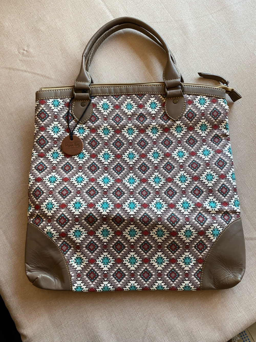 Myra Bag Multicolor Aztec Tote with Brown Trim